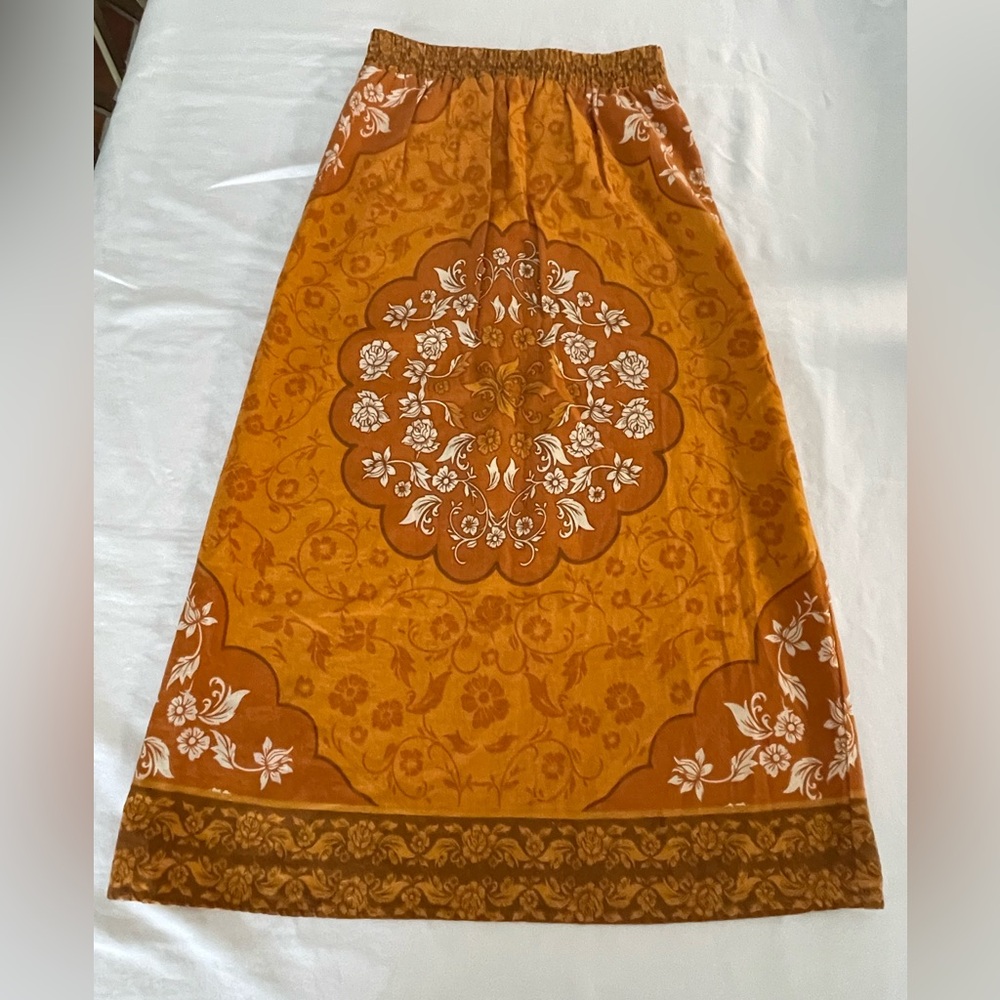 Rachel Zoe | Mustard Orange Floral Medallion Linen Blend Maxi Skirt | Small - Picture 2 of 16